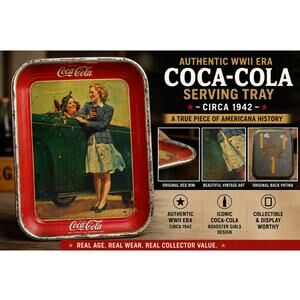 Vintage 1942 Coca Cola Serving Tray Roadster Girls Red Rim WWII Authentic